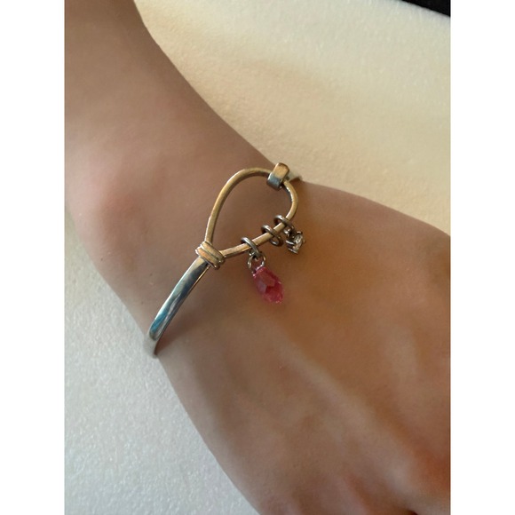 Carolina Herrera 925 Sterling Silver Charm Bangle Bracelet Pink Crystal Drop - Picture 6 of 6